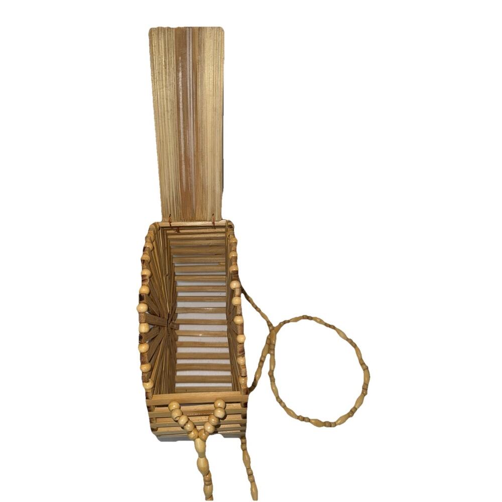 Handmade Bamboo Open Slats Round Cylinder Purse 8in Diameter With Shoulder Strap - Picture 5 of 8